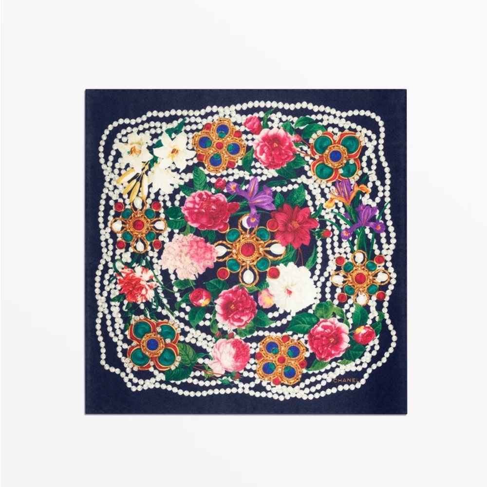 CHANEL Square Scarf 
Silk Satin 
Navy,White,Multicolor 
Cruise 25/26 New in Box